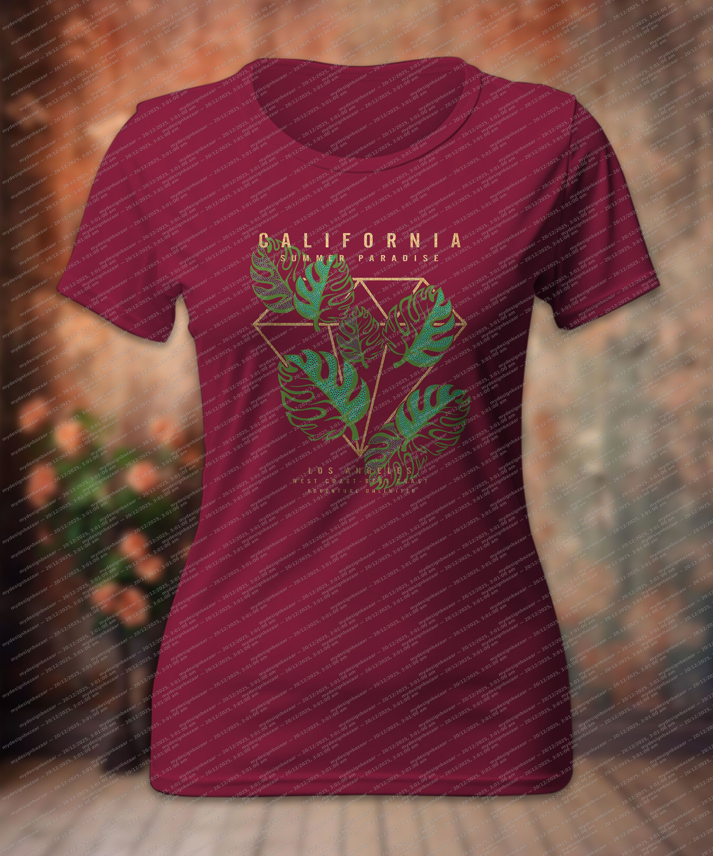 Ladies Metallic Chest Print Top – California Paradise Graphic Tee - Image 1